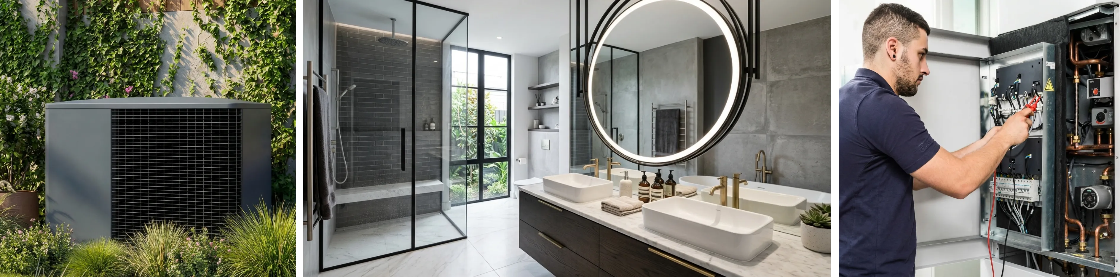 Moderne Wärmepumpe im grünen Garten, kombiniert mit einem luxuriösen Badezimmer-Design mit Doppelwaschbecken und Dusche, sowie einem Techniker bei der Installation eines Heizsystems. Dies verdeutlicht Komfort und Nachhaltigkeit von Rawe Bas & Heizung.