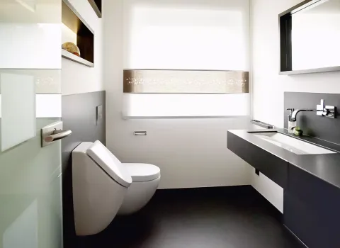 Exklusives Gäste-WC mit modernem Waschtisch aus dunklem Naturstein, wandhängendem WC und stilvollen Akzenten – minimalistisches Design von Rawe.