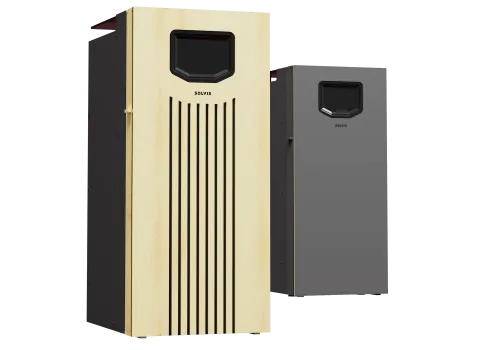 Die beiden Designvarianten von SolvisLeo vor neutralen Hintergrund.