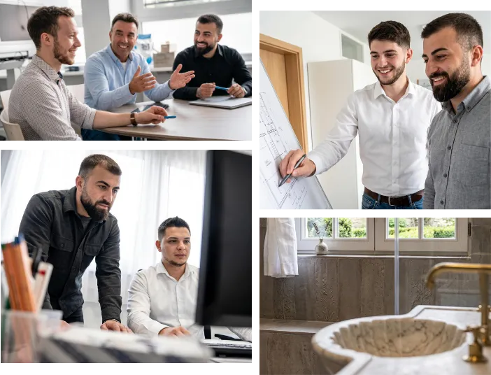 Architekten und Designer arbeiten gemeinsam an Projektplänen, überprüfen Bauzeichnungen und nutzen Computer. Die Bilder zeigen ihre professionelle Zusammenarbeit, ergänzt durch ein luxuriöses Badezimmer mit skulpturalem Marmorwaschbecken und Goldarmatur.