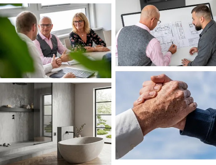 Kollage: Geschäftsleute bei Beratung und Planung, Architekten sichten Baupläne, ein luxuriöses Bad mit freistehender Wanne und begehbarer Dusche sowie ein Handschlag symbolisieren erfolgreiche Projekte.