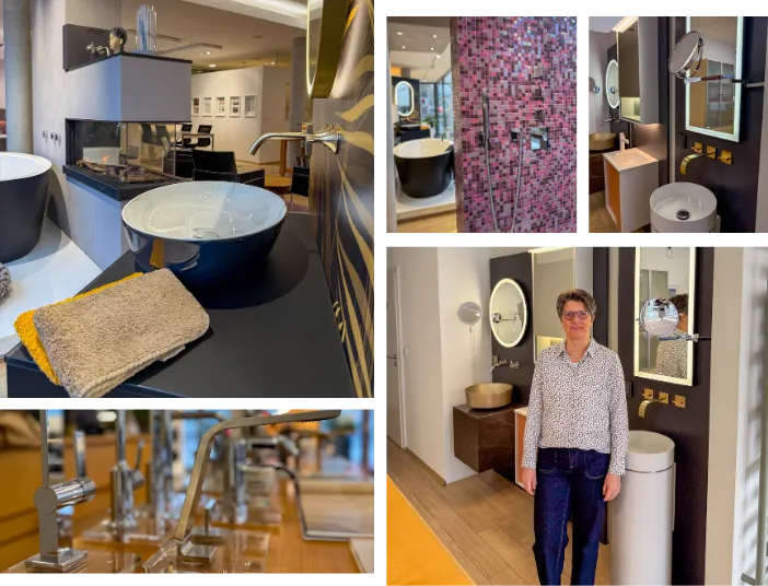 Detaillierte Collage moderner Badgestaltung mit luxuriösen Elementen wie dunkelblauem Aufsatzwaschbecken, stilvollen Armaturen und einer rosa Mosaikdusche. Eine Expertin präsentiert innovative Badlösungen in einer eleganten Ausstellungsfläche.