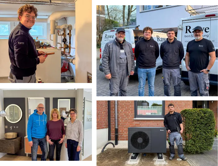 Das Rawe Bad & Heizung Team präsentiert sich: Sanitärinstallationen, Heizungstechnik, Wärmepumpenmontage und persönliche Kundenberatung in der Badausstellung zeigen unsere Kompetenz und Vielfalt als Meisterbetrieb.