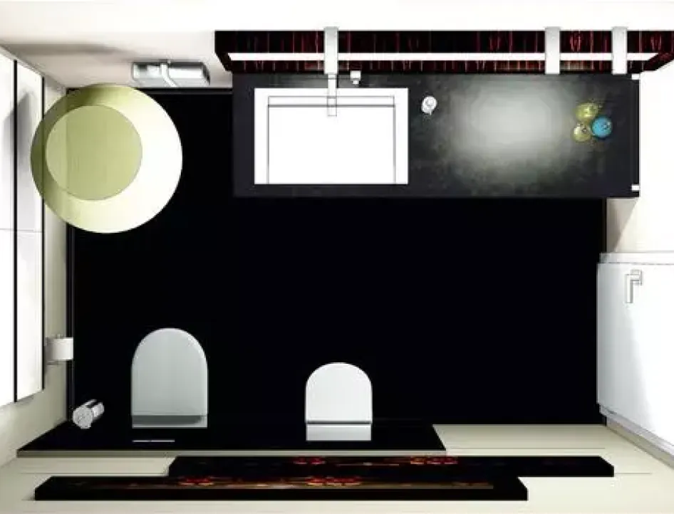 3D-Planung eines modernen Gästebads mit klarer Raumaufteilung: Waschtisch, Dusche und WC stilvoll integriert. Designskizze von Rawe für individuelle Badkonzepte.