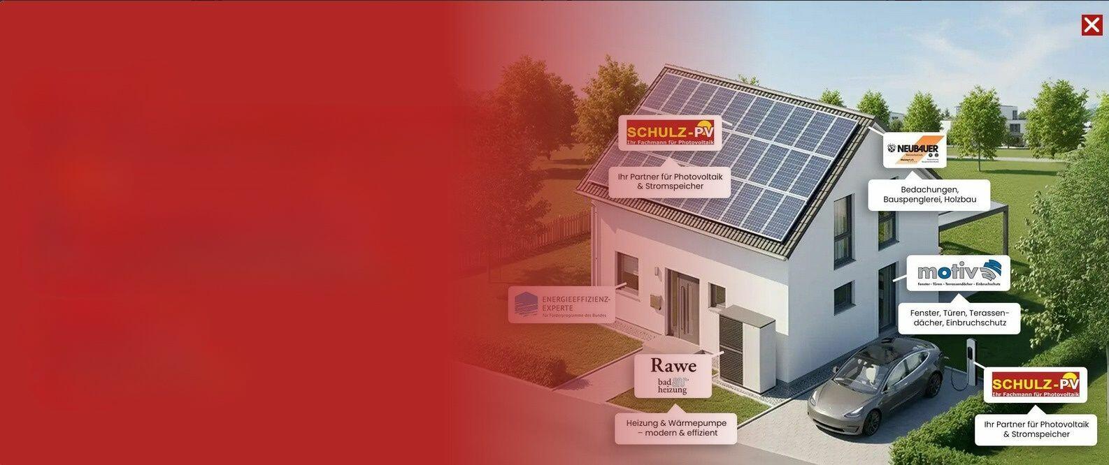 Fotomontage zeigt ein KI-generiertes Haus mit Photovoltaik, Wallbox und Waermepumpe neben einem roten Rand.